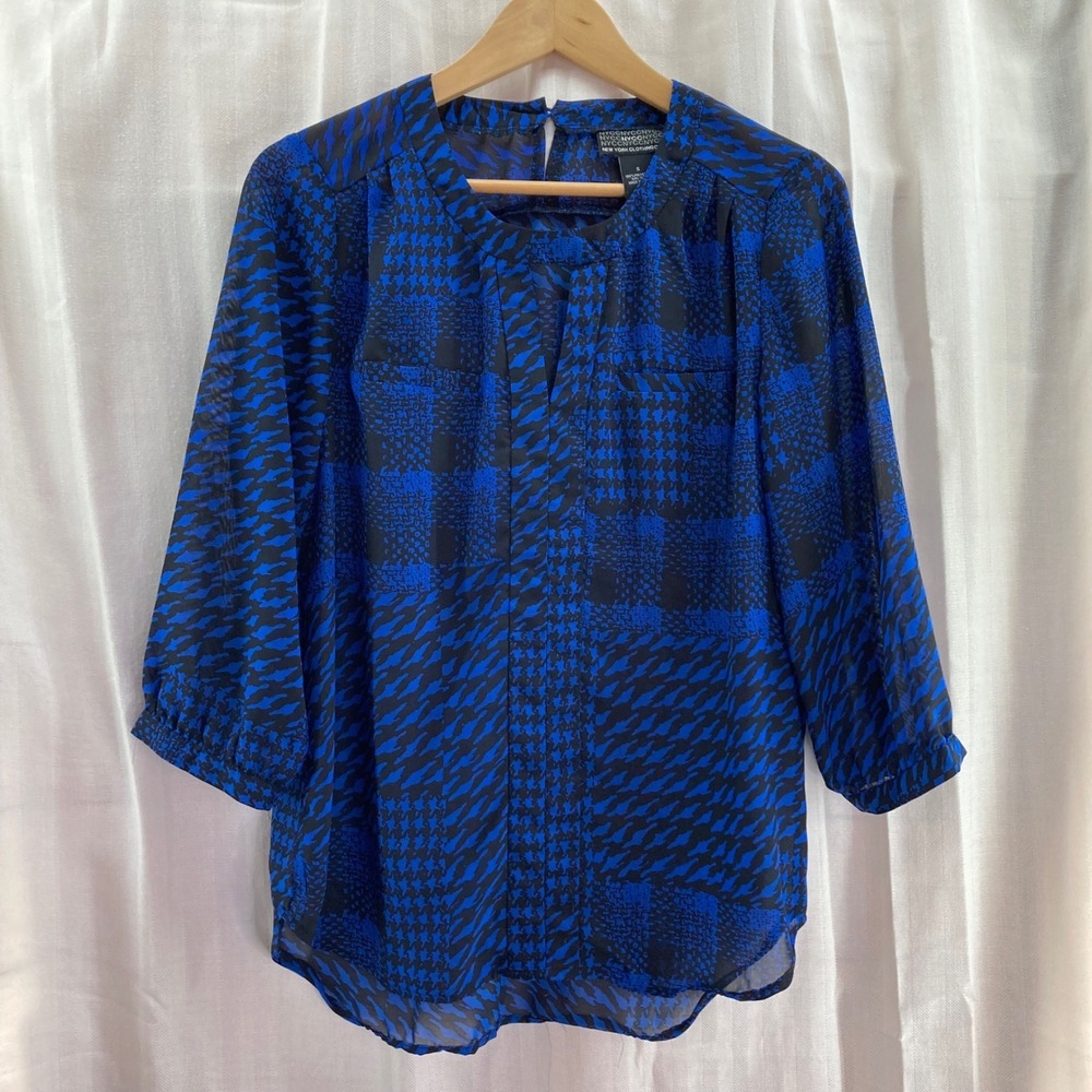 NYCC New York Clothing Co Blue Black‎ Houndstooth Print Blouse Top S Small